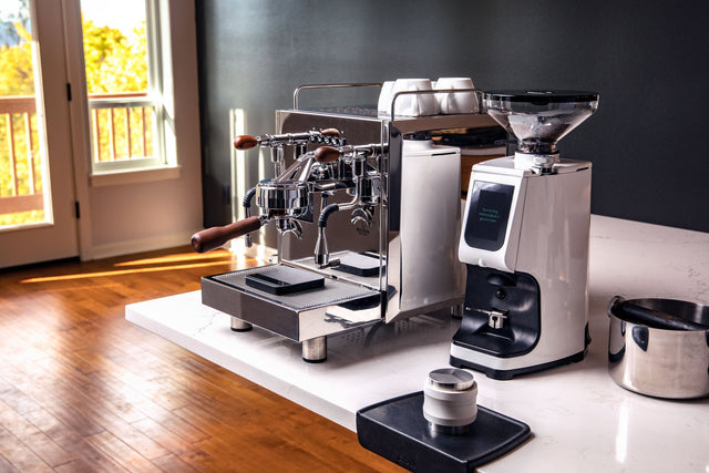 Bezzera Duo DE Espresso Machine, LUCCA Atom 75 white espresso grinder, acaia lunar scale, artpresso tool, motta knock box, notNeutral cups lifestyle large