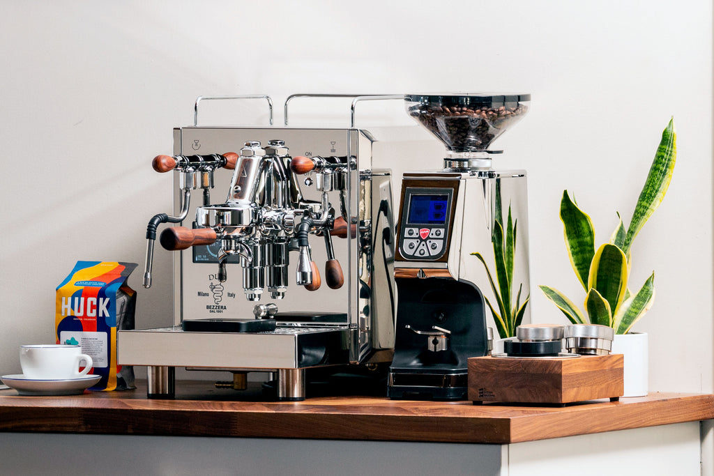 Bezzera Duo MN espresso machine with the Eureka Atom 75 espresso grinder in chrome.