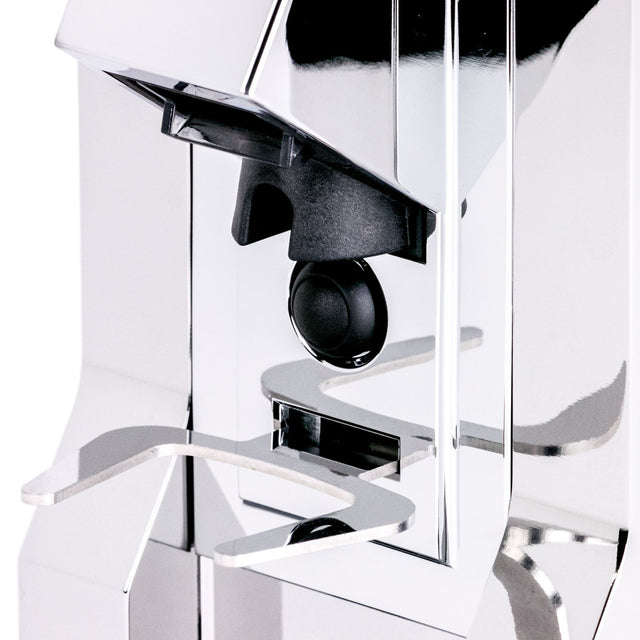 Eureka Mignon Silenzio espresso grinder, chrome, detail view, from Clive Coffee, knockout