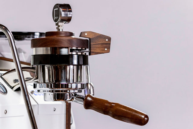 La Marzocco Bottomless Portafilter Walnut on the GS3 espresso machine, from Clive Coffee, lifestyle, large