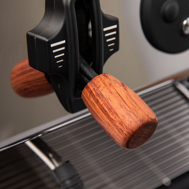 LUCCA A53Mini Espresso Machine Wood Steam Knob, Bubinga, from Clive Coffee, lifestyle