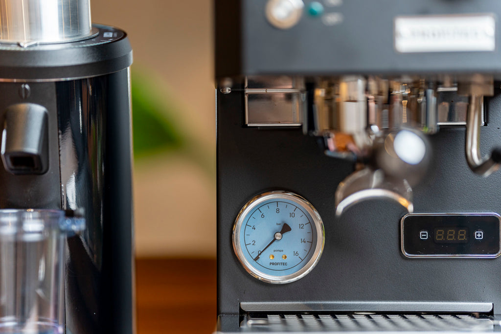 close up of the Profitec Go espresso machine's brew boiler gauge knockout by Clive Coffee