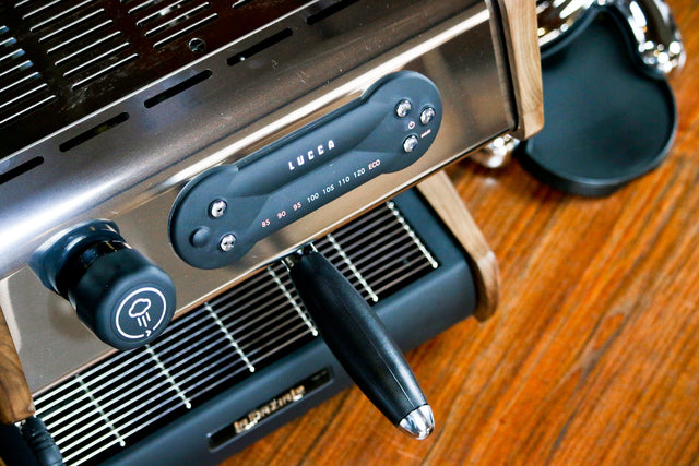 La Spaziale Bottomless Portafilter and Lucca Direct Plumb A53 Walnut espresso machine from Clive Coffee - Lifestyle