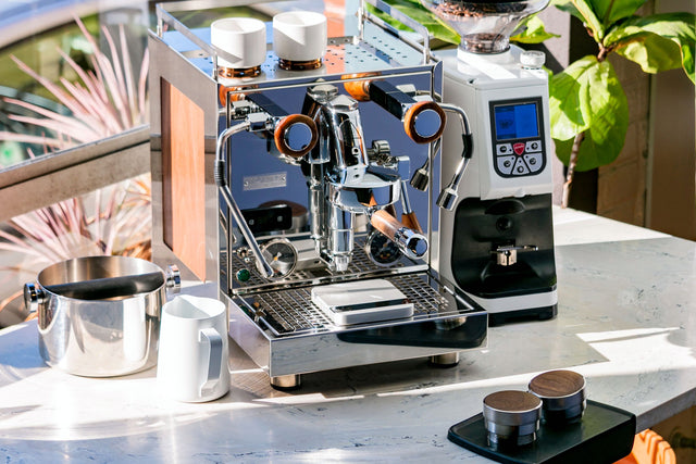 Profitec Pro 600 espresso machine with wood side panel inserts in walnut from Clive Coffee - Lifestyle - large